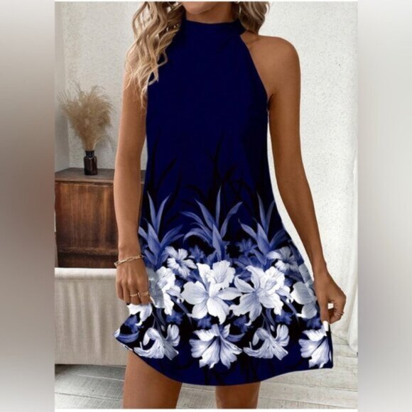 Boho Floral Print A-Line Halterneck Dress - Picture 1 of 10